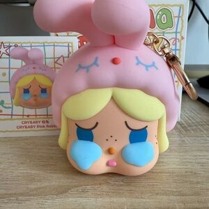 POPMART POPBEAN PAJAMA PARTY - CRY BABY PINK RABBIT EARPHONES /COIN PENDANT